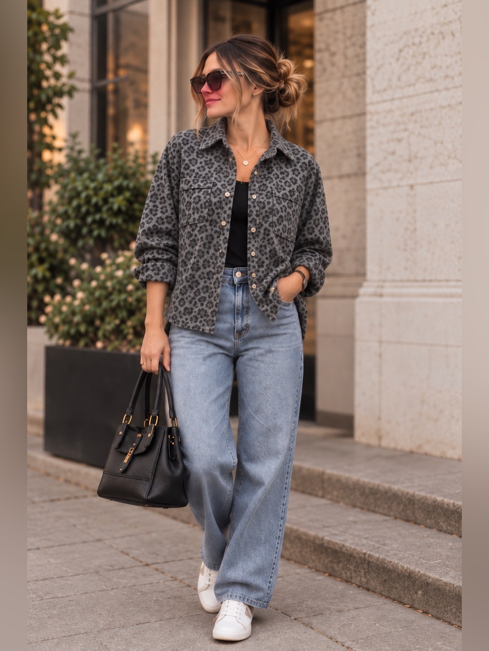 beachlunchlounge Gray Black Leopard Print Button Front Shirt Jacket S/P